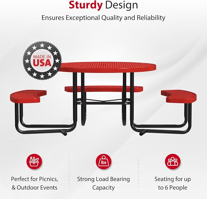 Leisure Craft Metal Picnic Table with Bench - 46" Round Outdoor Dining Table with Umbrella Hole, Heavy Duty Thermoplastic Coating, ADA Compliant, Commercial Grade Furniture Made in USA - Red