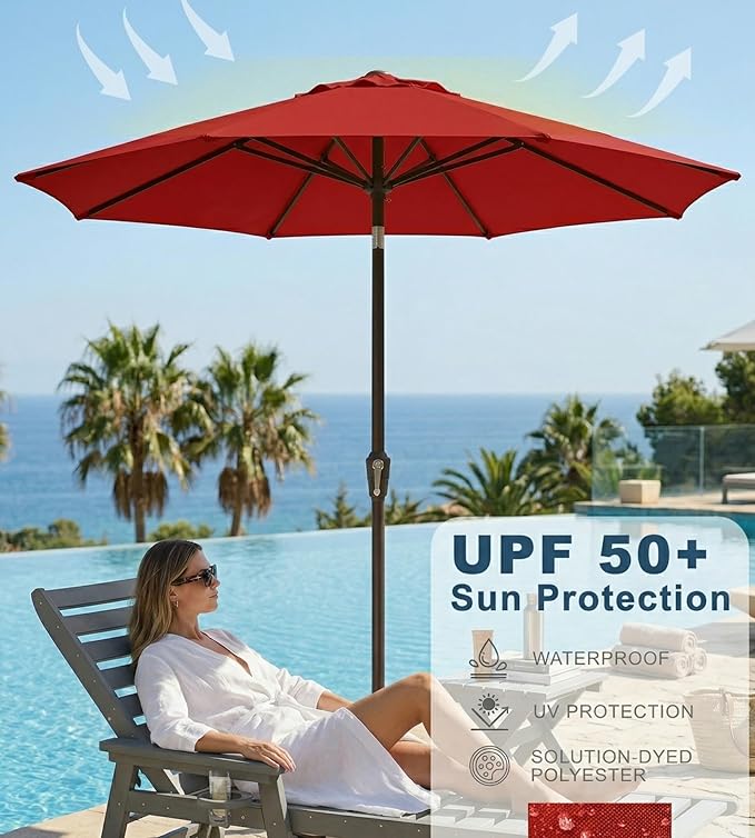PatioKingdom Auto-Tilt 9FT Patio Umbrella Outdoor with 8 Sturdy Fiberglass Ribs,Market Table Umbrella for Pool,Backyard,Deck and Garden