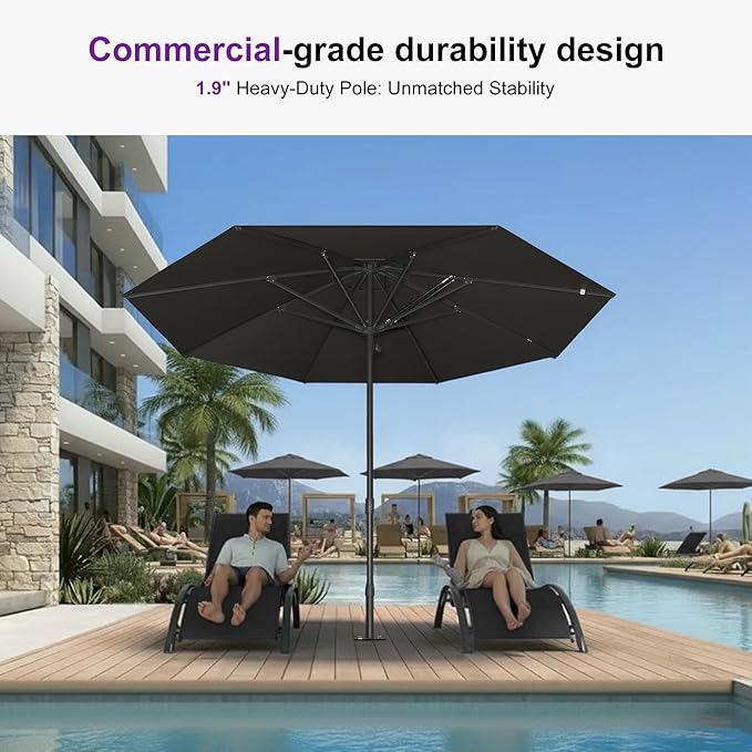 PURPLE LEAF 11Ft Round Semi-Auto Outdoor Patio Umbrella Aluminium Market Umbrella Table Sun Umbrella with 1.89" Rod and 8 Sturdy Ribs for Deck Lawn Pool Garden, Gray