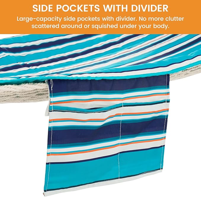 Lazy Daze Hammocks 2 Person Hammock Pad and Pillow Set, Double Polyester Quilted 78" x55" Replacement Pad for Rope Hammock, Turquoise Blue Stripes