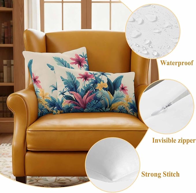 Summer Tropical Leaves Waterproof Outdoor Pillow Covers Set of 2 Home Decor, Farmhouse Botanical Plants Pillowcase Patio Pillow Covers for Couch Bench Furniture Garden 18x18in