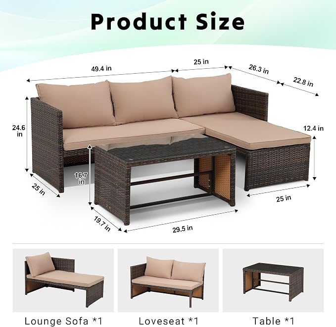 Tappio 3 Pieces Patio Furniture Sectional Sets, 3-Piece Outdoor PE Rattan Furniture Sets, Outdoor All-Weather PE Rattan Wicker Lawn Conversation Sets with Cushion and Glass Table