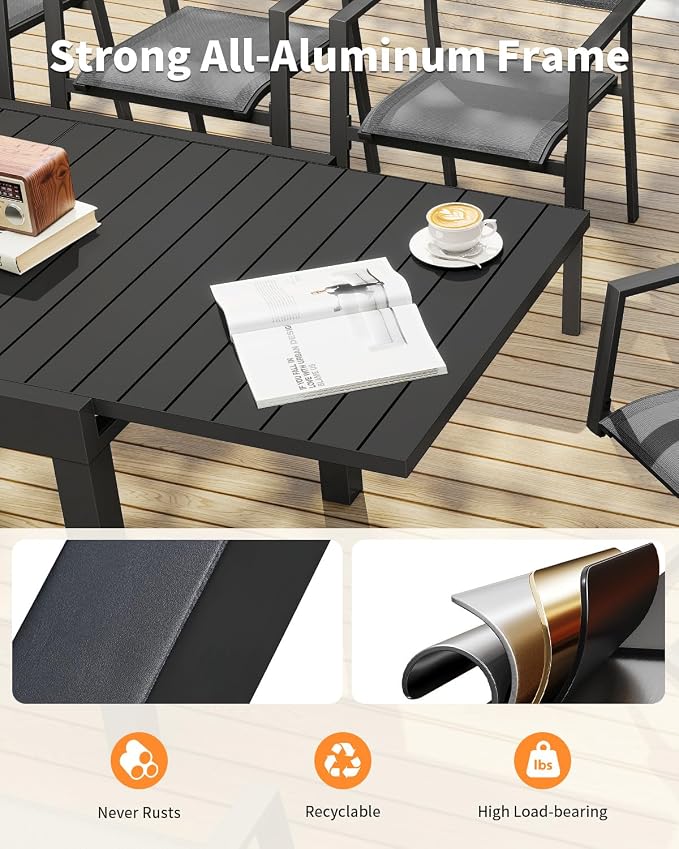 9-Piece Extendable Patio Dining Set, Never-Rust Aluminum Outdoor Dining Set with 2 Swivel Chairs, Expandable Outdoor Dining Table and 6 Stackable Dining Chairs for Porch, Lawn, Garden, Black