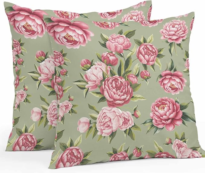 Vandarllin Outdoor Throw Pillows Covers 20x20 inch Set of 2 Waterproof Pink Rose Floral Decorative Zippered Cushion Covers for Patio Furniture, Sage Green Leaves Flowers Lumbar Pillowcases