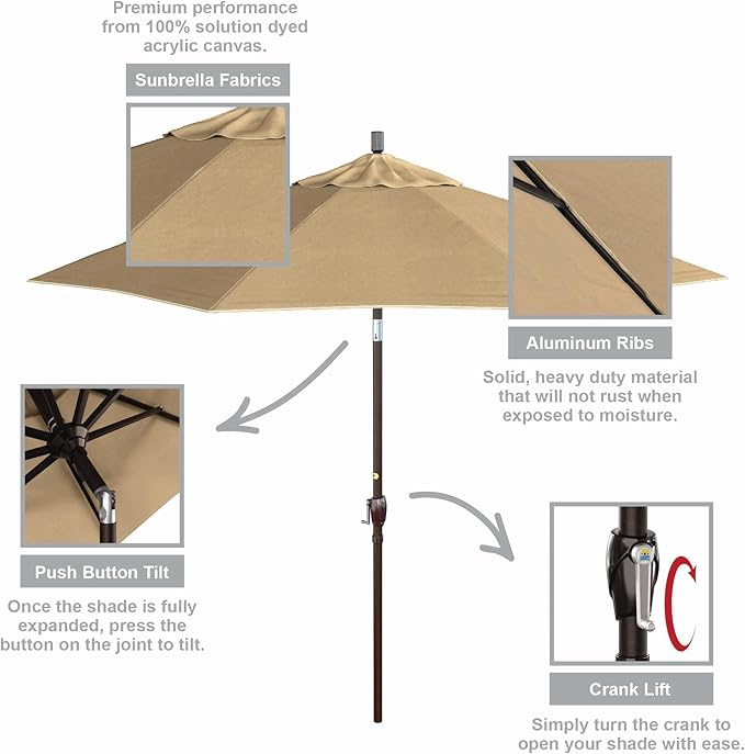 California Umbrella 9' Round Aluminum Market Umbrella, Crank Lift, Push Button Tilt, Bronze Pole