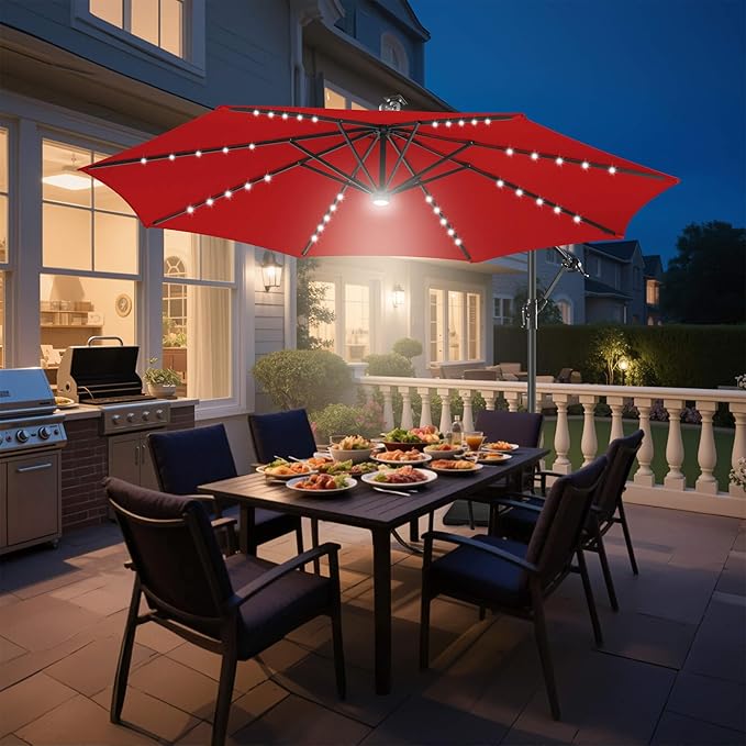 Solar Offset Patio Umbrella - 10 FT Solar Cantilever Umbrella Outdoor with 40 LED Lights and Cross Base, UV Protection for Garden, Deck, Backyard, Pool, Porch, Red