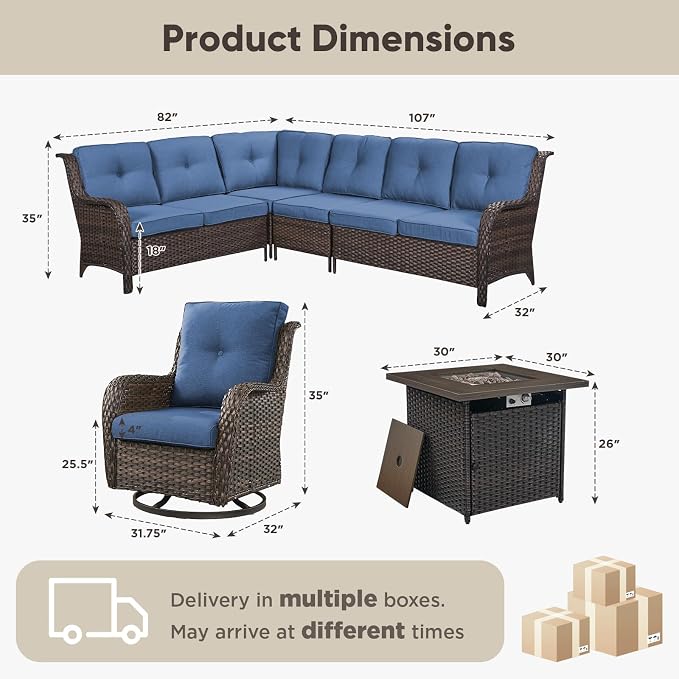 Belord Patio Furniture Set with Fire Pit Table, Outdoor Swivel Rocker Patio Chairs, Oversized Outdoor Sectional Couch, Two 3-Seater Sofas with Coffee Table, Ideal for Porch, Deck, Brown Wicker/Blue