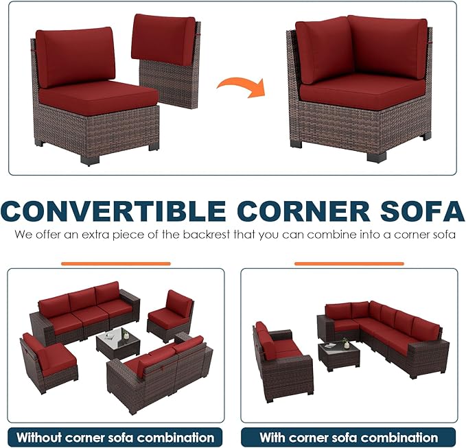 Patio Furniture Set, 8 Pieces Outdoor Sectional Sofa Conversation Sets with Waterproof Cover Modern Wicker Seating Set, 4'' Thickened Cushions 1 Glass Coffee Table 2 Armless Sofas, Wine