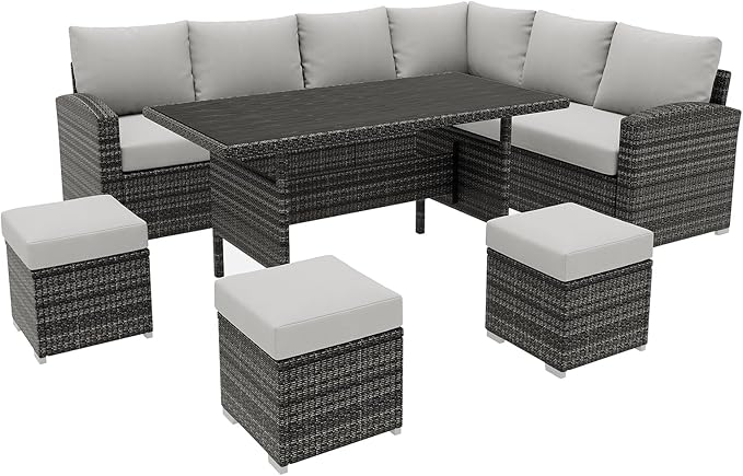 7 Piece Patio Furniture Set, Outdoor Modern Patio Conversation Set, PE Wicker with Glass Coffee Table for Backyard, Garden, Pool Decks, Light Grey