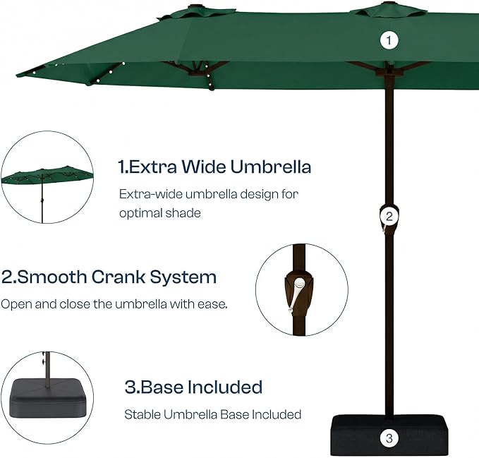 15FT Patio Umbrella with Solar Lights, Double-Sided Extra Large Outdoor Table Umbrella with Base Included, Heavy-Duty 12 Iron Ribs Market Umbrella for Garden, Pool, Backyard, Forest Green