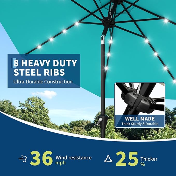 Garvee 9FT Solar Patio Umbrella with 32 LED Lights - Outdoor Table Umbrella with Crank Lift, Push Button Tilt and 8 Sturdy Ribs - Market Umbrella UV Protection for Pool, Deck, Yard, Garden -Sky Blue