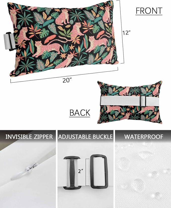 Outdoor Pillows Covers with Inserts Tropical Rainforest Jungle Red Stripe Tigers Waterproof Recliner Pillow with Adjustable Strap Throw Pillows for Patio Furniture Pool Lounge Chair, 12x20 inch, 1PCS