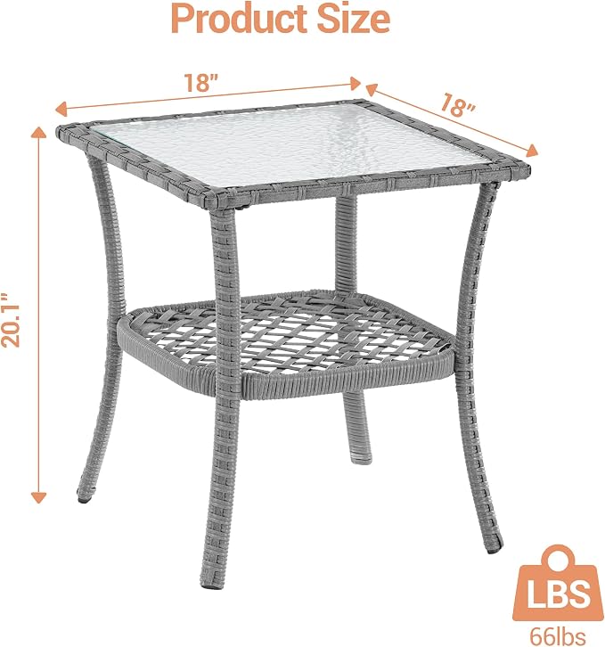 18'' Outdoor Side Table with Tempered Glass Top, Rattan Side Table with Storage, Square Wicker End Coffee Table for Patio Outside Balcony Porch Deck, Grey