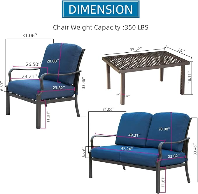 Domi Patio Conversation Set 4 Pieces, Metal Outdoor Patio Furniture with Coffee Table, All-Weather Modern Deep Seating Sofa Set with Cushions (Spring Coil Seat Cushion) -Blue