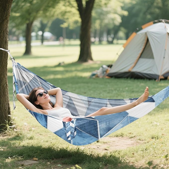 Geometric Blue White Pattern 330lb Capacity Outdoor Hammocks with Tree Straps Portable Hammock for Outside Beach Patio Garden hamacas para Patio