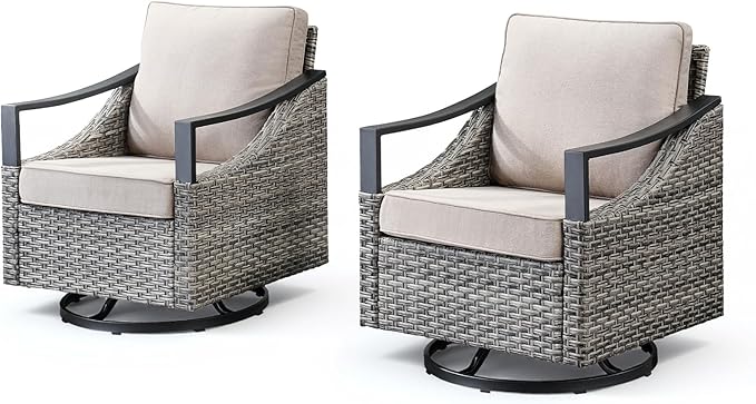 Outdoor Swivel Rocker Patio Chairs-High Back Wicker Swivel Rocker Patio Chairs Set of 2,PE Wicker Chair Outdoor Patio Furniture Sets with Covered Cushions for Porch Balcony Patio Deck Grey/Beige
