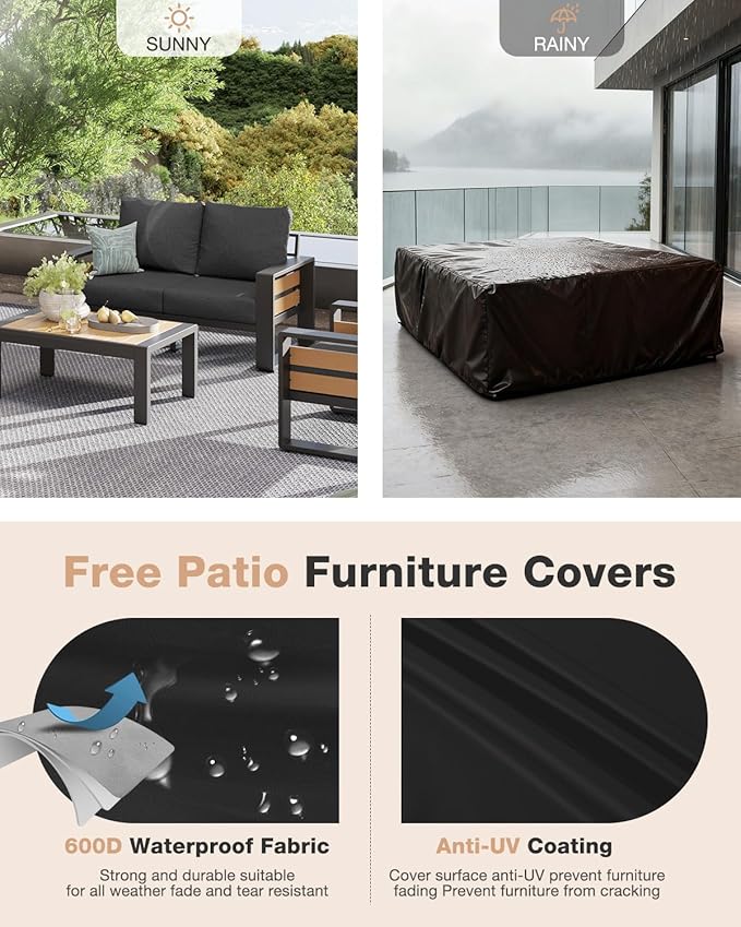 Aoxun Aluminum Patio Furniture Set, 4 Piece Luxury Outdoor Sectional with 6" Olefin Fabric Cushions, Patio Conversation Sets with Coffee Table and Waterproof Cover for Backyard, Porch Dark Grey