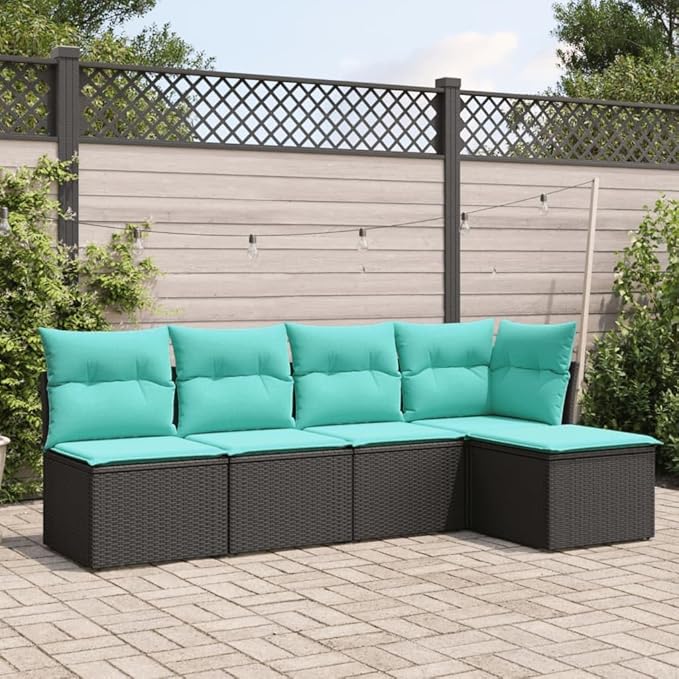 5 Piece Patio Sofa Set with Cushions, Garden Lounge Set Patio Conversation Set Outdoor Sofa Sets Sectional Sofa for Exhibition Negotiation Area Poolside Piazza Black Poly Rattan