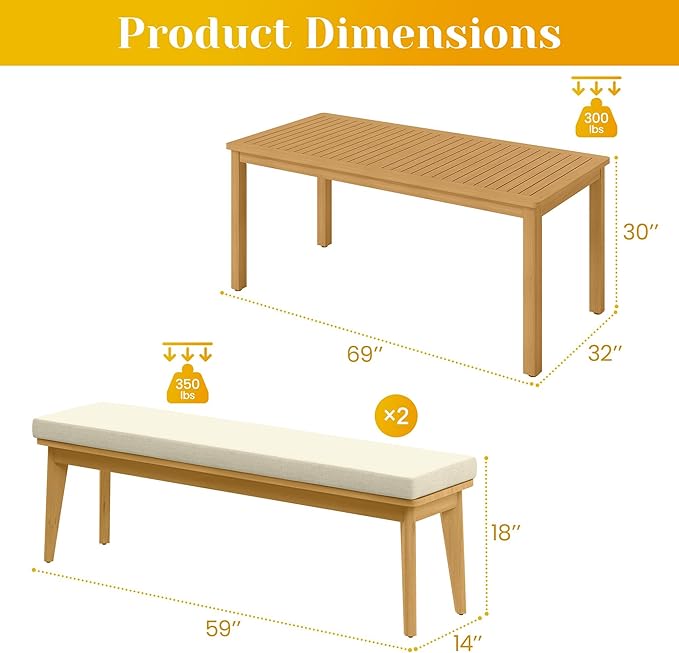 FansaFurn 3-Piece Outdoor Dining Set for 4 with 2 Benches and Cushion, All-Weather Acacia Wood Patio Table and Bench Set for Garden and Lawn, Beige
