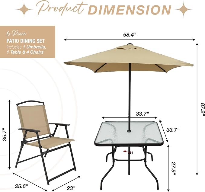 6-Piece Outdoor Patio Furniture Set for 4, Patio Table and Chairs Set with Umbrella, All-Weather Steel Frame & Glass Top Dining Table Set for Backyard, Lawn - Tan
