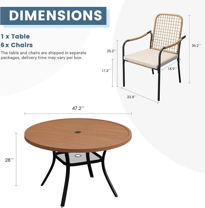 DIFY 7 Pieces Outdoor Dining Set for 6, 47.2" Round Dining Table with Umbrella Hole & Wicker Stackable Patio Chairs with Cushions, Metal Patio Table and Chairs Set for Backyard Porch Garden, Walnut