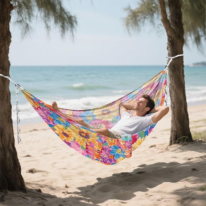 Camping Hammock Outdoor Hammocks for Outside Bright-Coloured Flower Beach Trees Portable Lightweight with Pockets Tree Straps Indoor