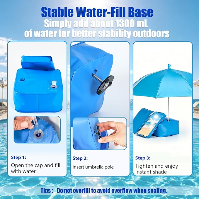 Poolside Phone & Drink Shade Umbrella with Water-Fill Base Touchscreen Phone Pouch Adjustable 19.7" Canopy Portable Sun Shade for Pool Beach Patio Backyard & Camping Carry Bag Included