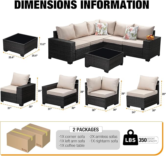 6-Piece Outdoor Patio Furniture Set, Modular Wicker Sectional Sofa with Thick Cushions & Coffee Table, All-Weather Rattan Conversation Set for Backyard, Porch, Poolside, Beige
