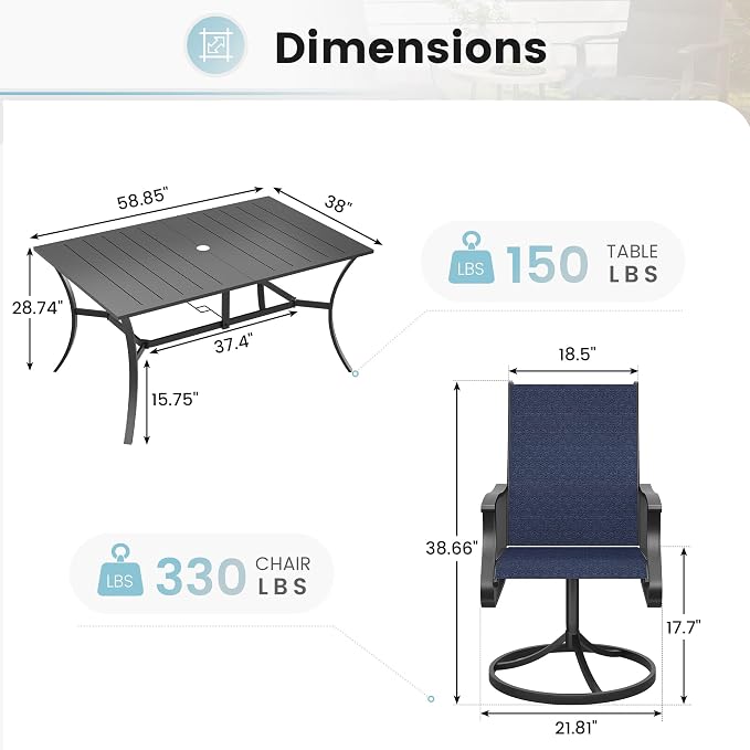 7 Pieces Patio Dining Set, Patio Outdoor Furniture Set of 6 Patio Swivel Dining Chairs and Patio Spliced Rectangular Tabletop with Umbrella Hole, for Deck, Backyard, Poolside & Garden