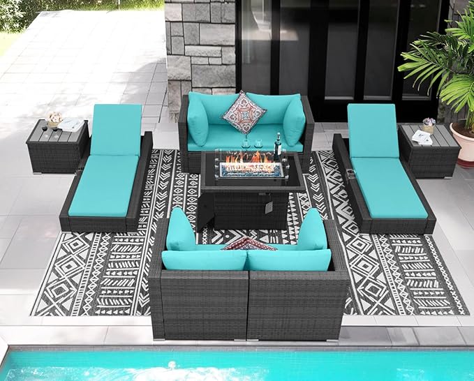 NICESOUL 9 Piece Patio Furniture Set with Firepit, Modern Outdoor Sectional Couch with Chaise Lounge, Comfy 29.3'' High-Back Backyard Seating, All-Weather Modular Sofa for Garden, Yard, Grey & Teal