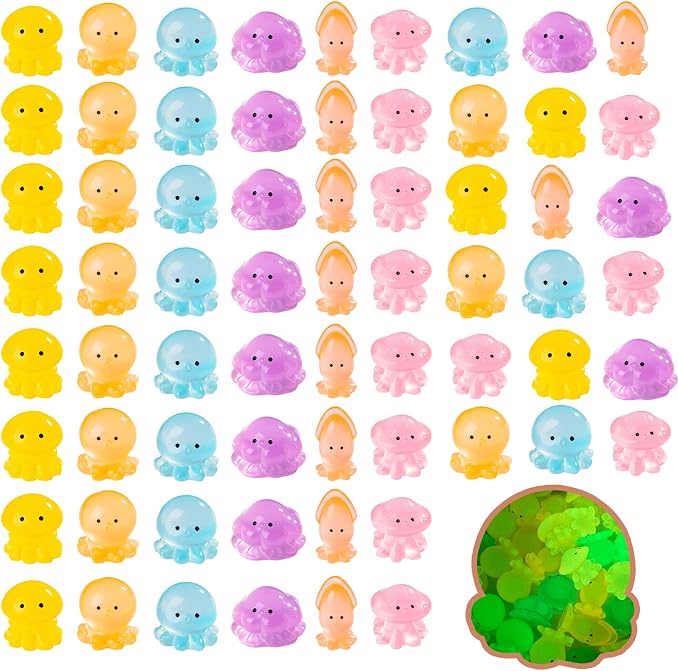 60 PCS 6 Styles Glow in Dark Mini Resin Octopus Figurines, Assorted Luminous Ocean Creature Miniature Dollhouse Accessories, Bulk Tiny Marine Ornaments for Fairy Garden DIY Aquarium Decor