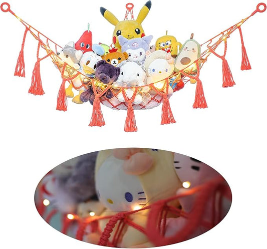 Macrame Stuffed Animal Hammock- Coral Red Hanging Corner Storage Net for Nursery & Bedroom Plushie Organization(No LED Lights)