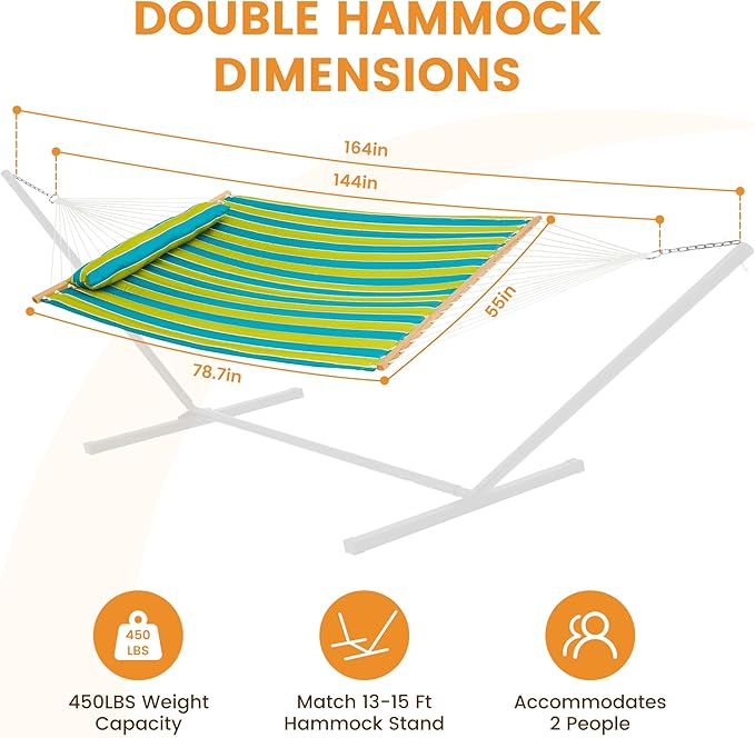 Lazy Daze Hammocks 12FT Quilted Fabric Hammock with Pillow, Double 2 Person Hammock with Spreader Bar for Outdoor Outside Patio Garden Yard Pool Beach QFH009