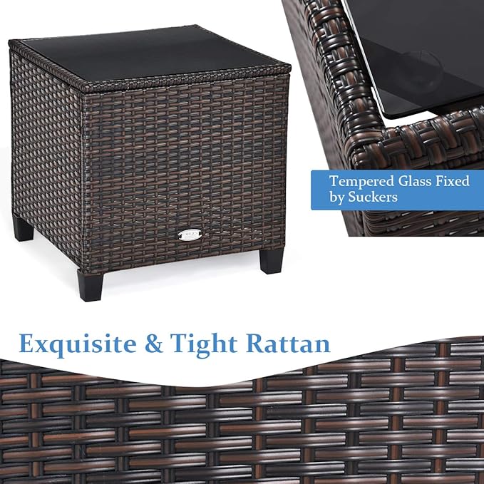 Modern Turquoise 3-Piece Wicker Patio Furniture Set with Water-Resistant Cushions & Tempered Glass Table
