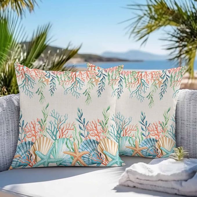 Throw Pillow Covers 20x20 Inch Set of 2, Summer Ocean Waterproof Outdoor Pillow Covers, Watercolor Coastal Coral Shell Seaweed Beige Decorative Cushion Pillowcases for Couch, Sofa, Bed, Garden, Patio