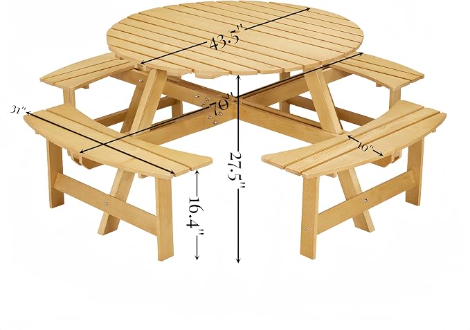 8-Person Outdoor Picnic Round Table with Built-in Benches | All-Weather Wooden Patio Furniture for Gardens, Backyards and Porches | Includes 2" Umbrella Hole (Natural, 70.08"*70.08"*27.17")