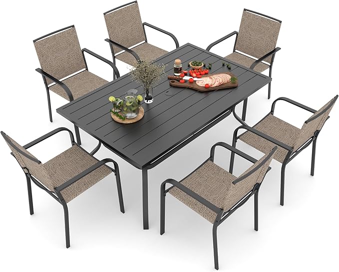 Anmutig 60"X38" Rectangular Outdoor Table with Beige Stackable Chairs Patio Dining Set, All Weather - 7 Piece