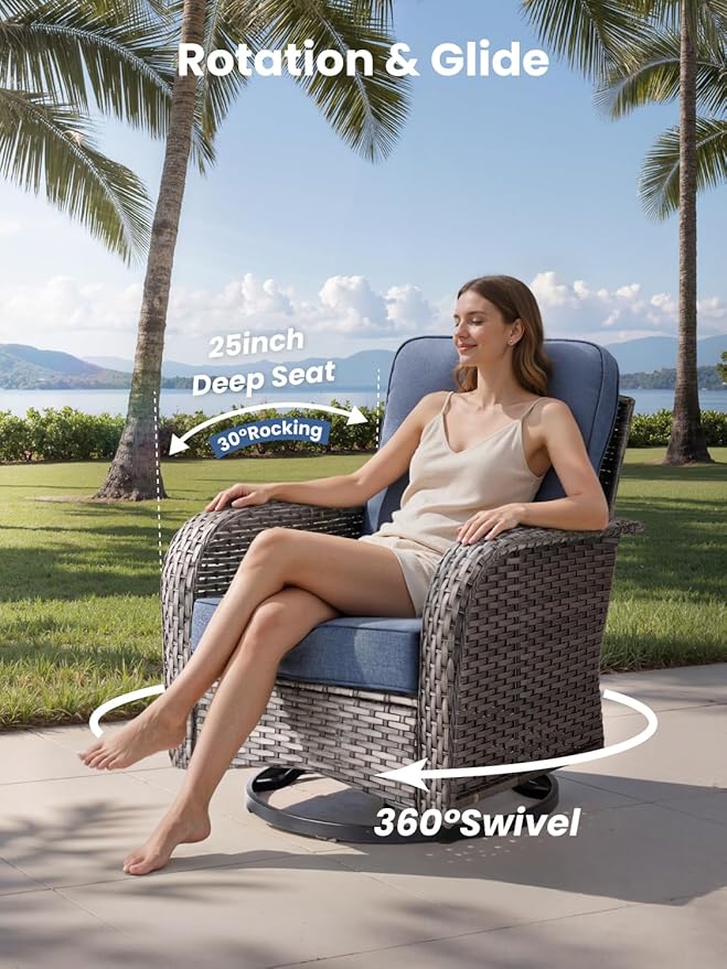 8-Piece Outdoor Patio Furniture Set with Swivel Chairs, Outdoor Conversation Wicker Sofa with Coffee Table, Rattan Couch for Deck Yard Poolside, Blue
