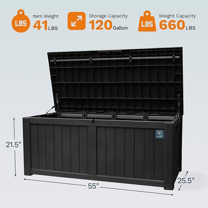 120 Gallon Outdoor Storage Box, Durable Deck Boxes Outdoor, Large Resin Waterproof Deck Box for Patio Furniture Outdoor Cushions Garden Tools and Pool Storage (Black, 120 Gallon)