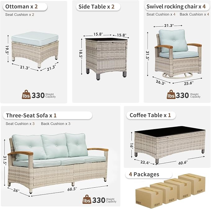 MEISSALIVVE 10 Pieces Patio Furniture Sets,Wicker Patio Conversation Sets with 4 Wood Armrests Swivel Glide Chairs, 2 Ottoman, 3-seat Sofa and Coffee Table (Blue)