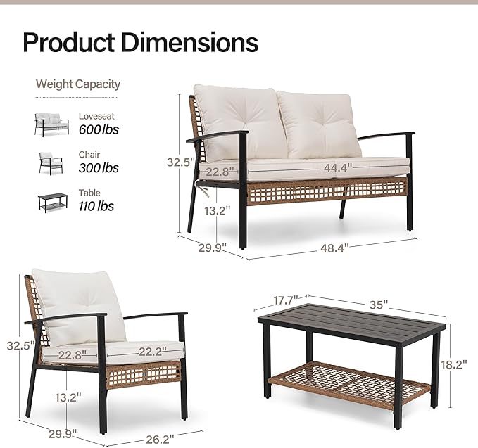 LAUSAINT HOME 6 Pieces Patio Conversation Set, Comfortable Oversized Outdoor Furniture Set with Soft Cushion and Storage Metal Coffee Table for Backyard, Porch, Garden and Poolside, Beige
