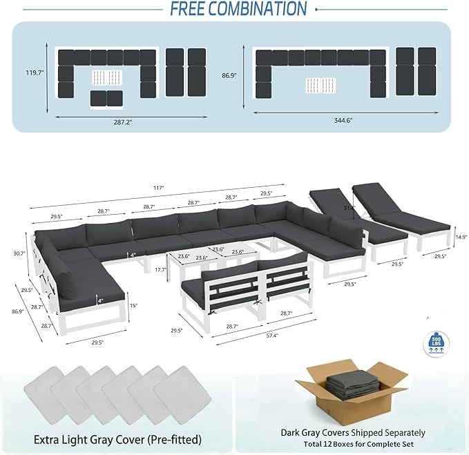 NICESOUL 16 Piece Extra Large Contemporary Aluminum Outdoor Furniture Set with Chaise Lounge, 29" Deep Wide Couch Set, 500 lbs High Weight Capacity Modular Patio Sectional Sofa for Poolside, Dark Grey