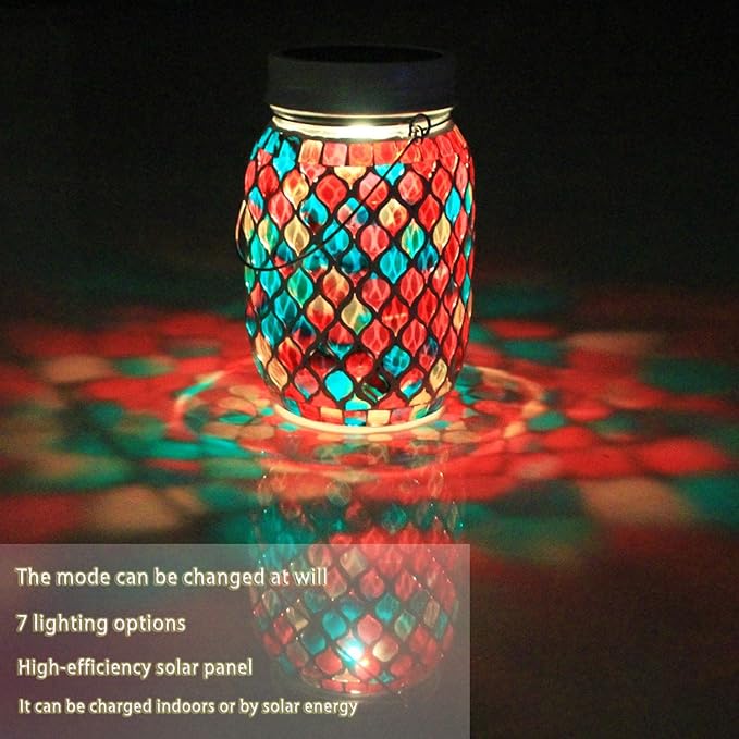 Solar Mosaic Outdoor Lanterns - 12 Color Changing LED, 4 Lighting Modes with Remote Control, Handcrafted Glass Decor Lights, Hanging or Tabletop Decor for Garden (red)