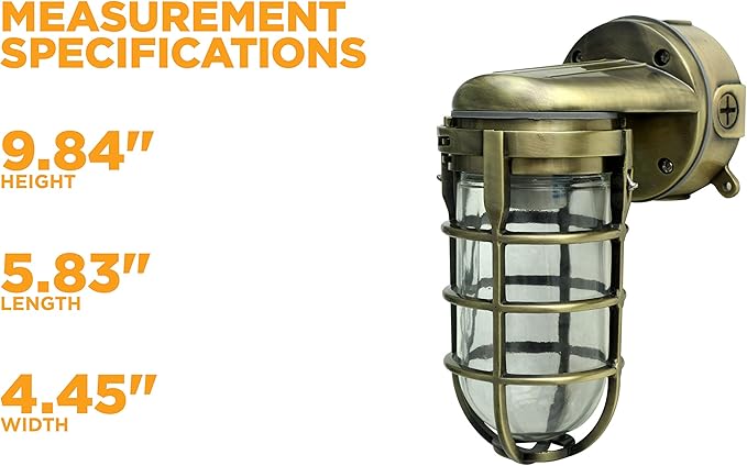 Woods L1707SVAB Traditional 100W Incandescent Weather Industrial Light; Suitable for Indoor and Outdoor Use; Wall Mount; Metal Die Cast Construction and Tempered Glass Lens; Antique Brass