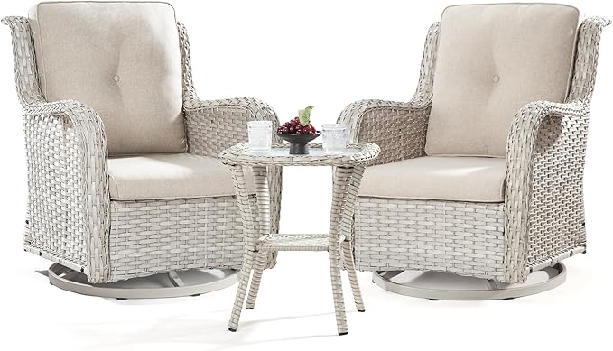 Joyside Outdoor Swivel Rocker Patio Chairs Set of 2 and Matching Side Table - 3 Piece Wicker Patio Bistro Set with Premium & Soft Fabric Cushions(Light Grey/Beige)