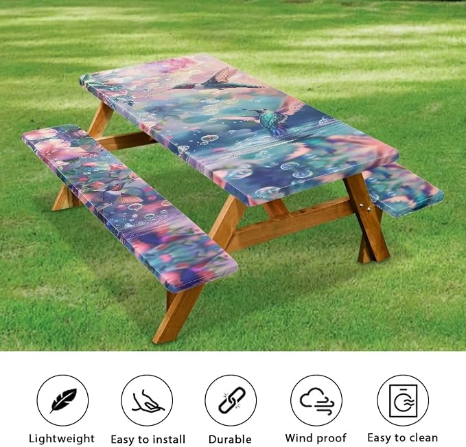 Hummingbird Picnic Table Cover with Bench Covers Waterproof Camping Table Covers for 6 Foot Tables 3 Pcs Picnic Table Bench Covers Camping Essentials for Camper, 94x30 Inches