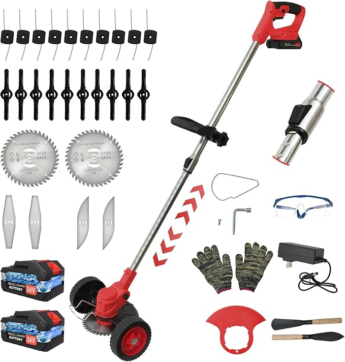 ALSO GO Weed Wacker, Cordless String Trimmer 24V with 2 Batteries 2.0Ah, 3 Types Metal Blades Powered Grass Trimmer, Pruning Shears, Adjustable Pole Weed Trimmer for Garden and Yard Lawn-Red