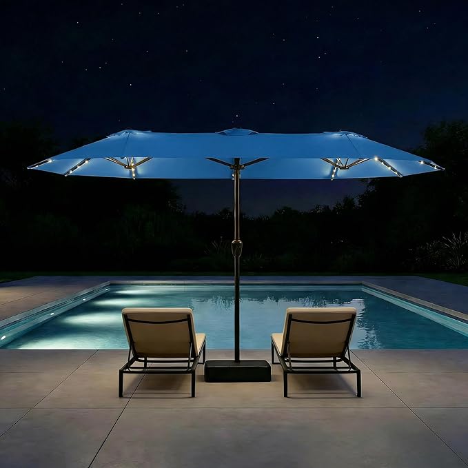 Large Patio Umbrella with Solar Lights and Base, Double-Sided Outdoor Rectangle Umbrella with 48 LED Lights, Market Table Umbrellas with UV Resistant Canopy