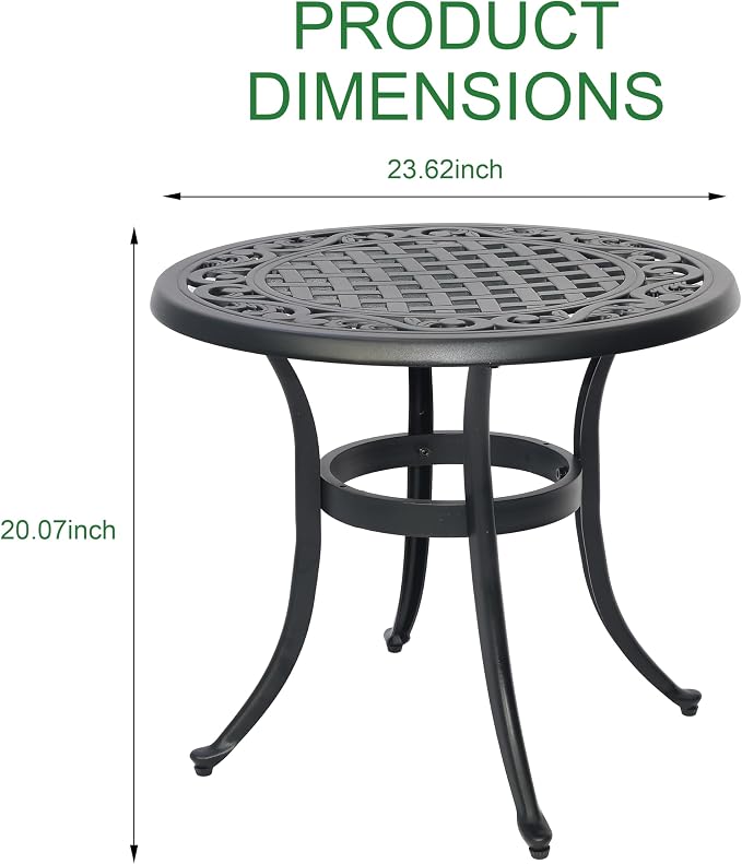Cast Aluminum Outdoor Side Table, All Weather Metal End Table, Black Small Patio Table for Porch, Garden, Balcony, Black (24" Round Side Table)