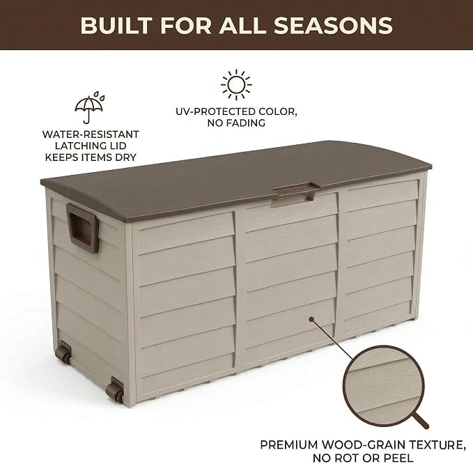 75 Gallon Outdoor Storage Box, 260L Waterproof Resin Deck Box for Patio Furniture Cushions, Garden Tools and Yard Accessories, Lockable Storage Chest with Wheels and Handles (Brown)